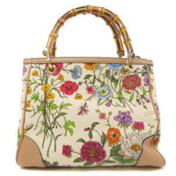 Gucci Flower Motif Bamboo Handbag Canvas Leather - Picture 1 of 9